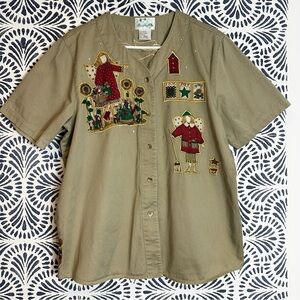 The Quacker Factory Vintage Bedazzled Embroidered Angel Sunflower Top FLAW